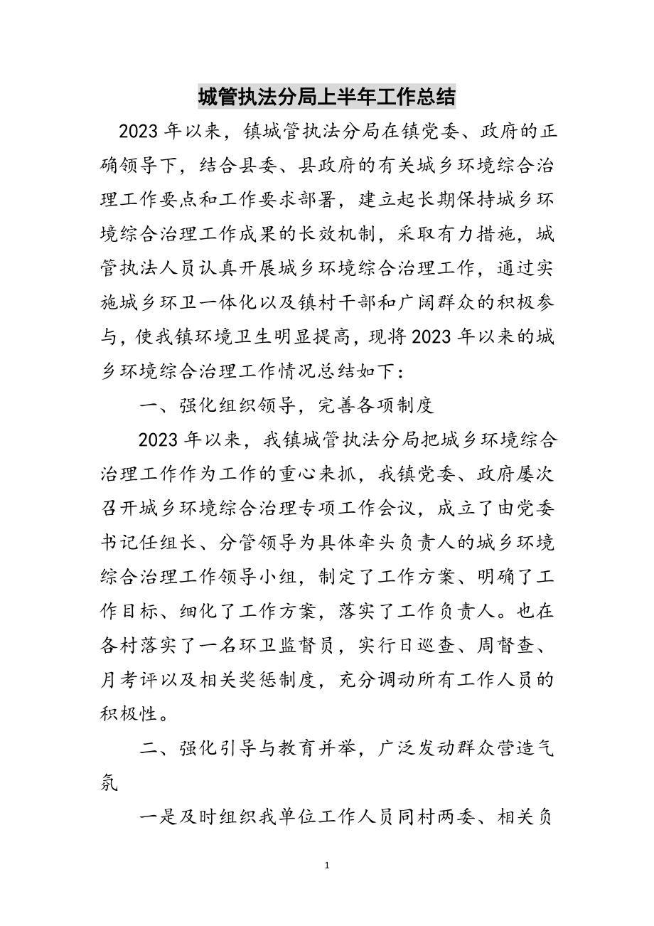 2023年城管执法分局上半年工作总结范文.doc_第1页