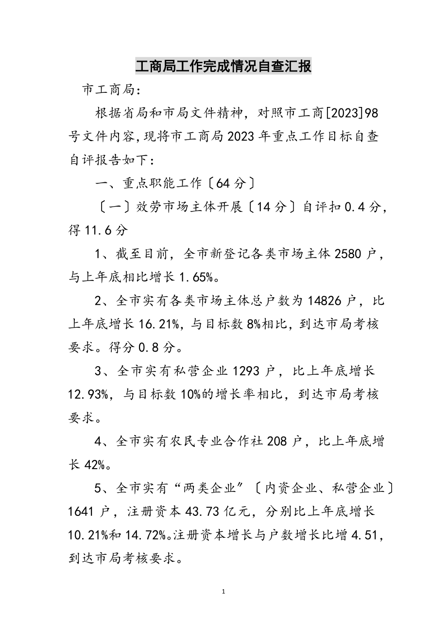 2023年工商局工作完成情况自查汇报范文.doc_第1页