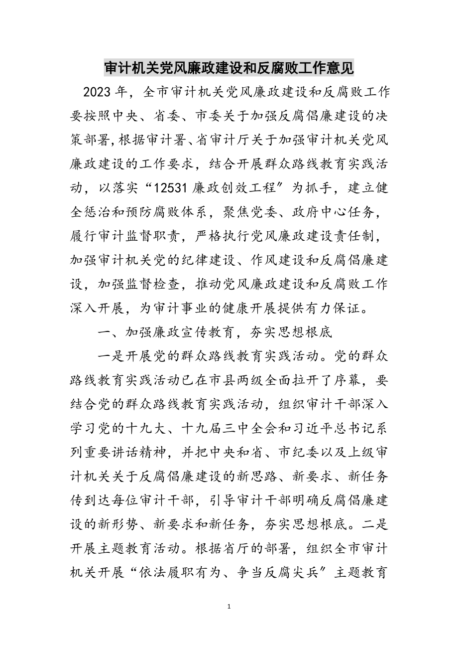 2023年审计机关党风廉政建设和反腐败工作意见范文.doc_第1页