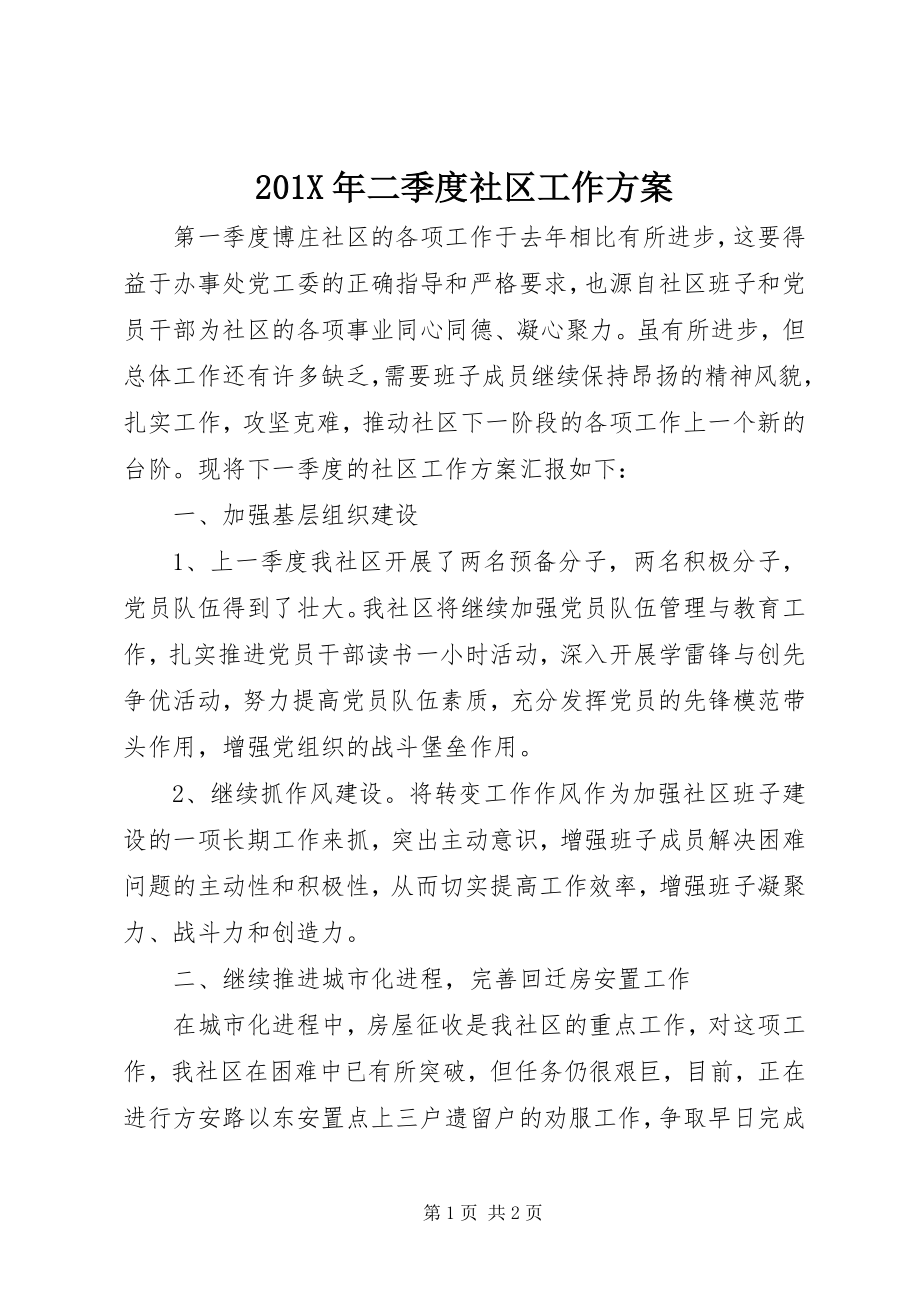 2023年二季度社区工作计划新编.docx_第1页