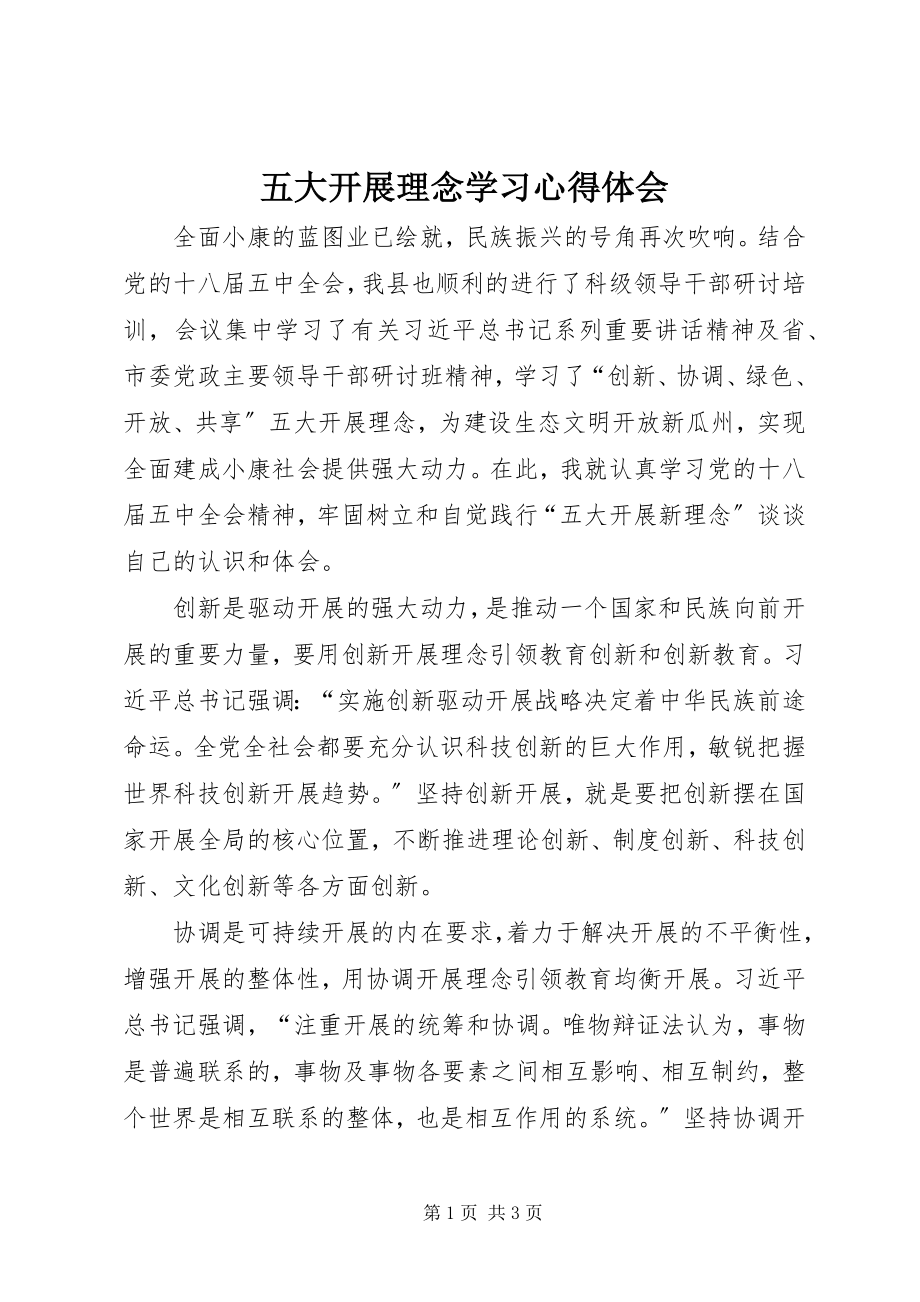 2023年五大发展理念学习心得体会.docx_第1页