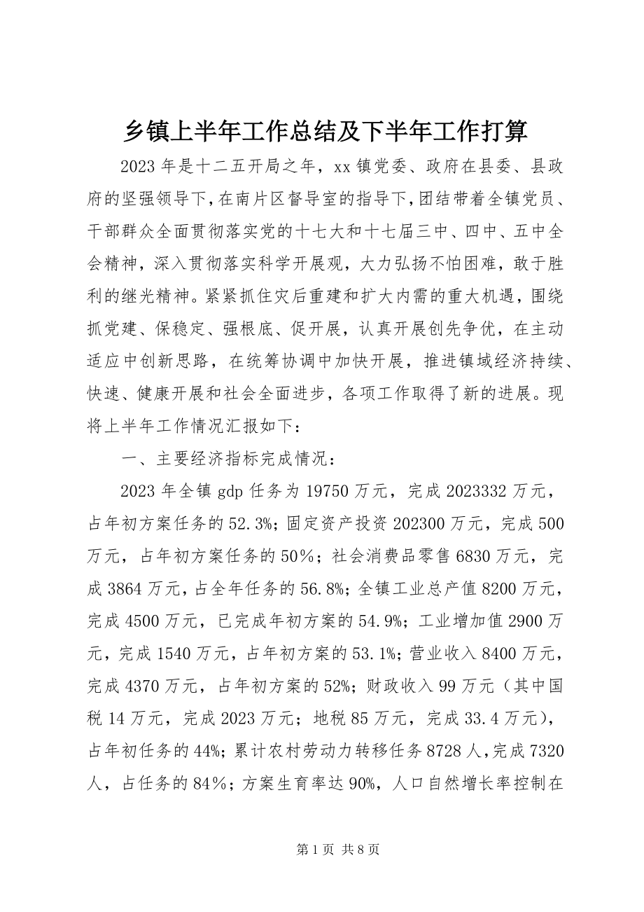 2023年乡镇上半年工作总结及下半年工作打算.docx_第1页