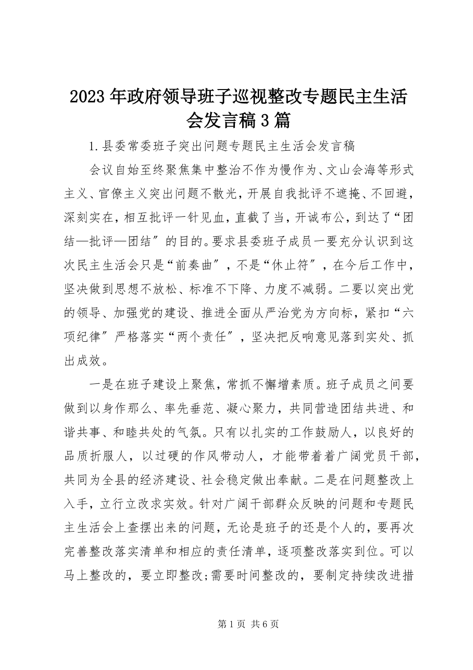 2023年政府领导班子巡视整改专题民主生活会讲话稿3篇.docx_第1页