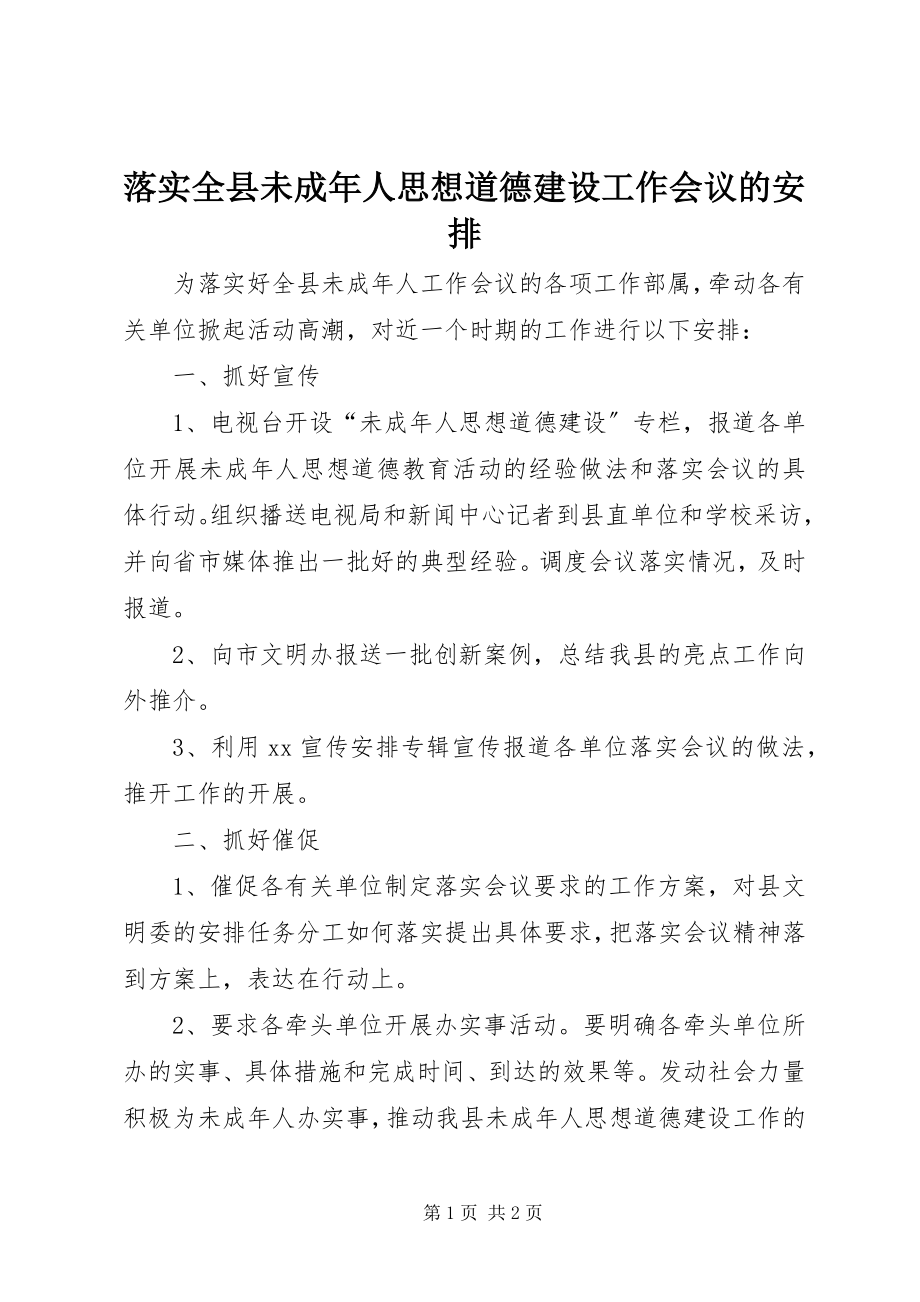 2023年落实全县未成人思想道德建设工作会议的安排.docx_第1页