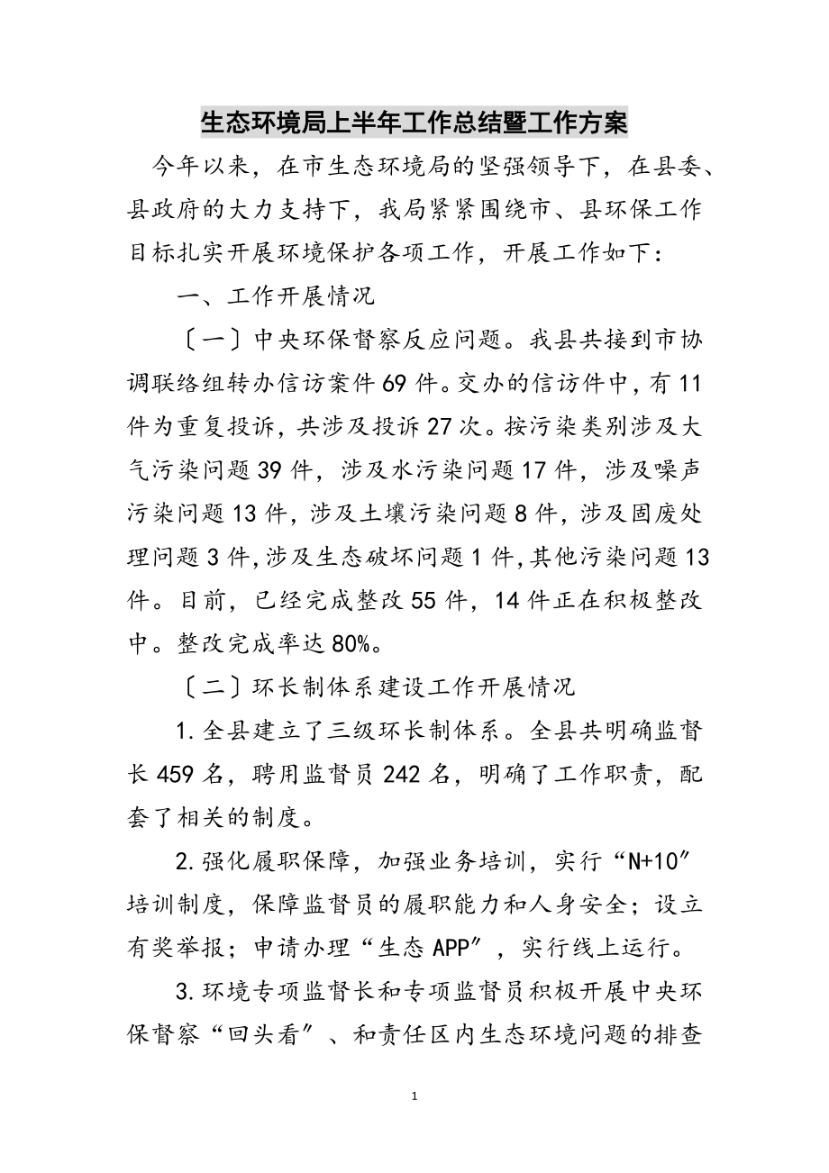 2023年生态环境局上半年工作总结暨工作计划范文.doc_第1页