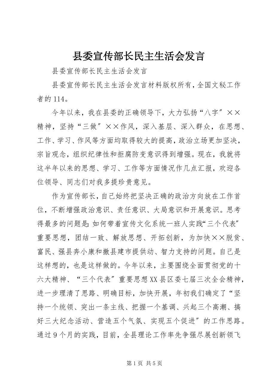 2023年县委宣传部长民主生活会讲话.docx_第1页