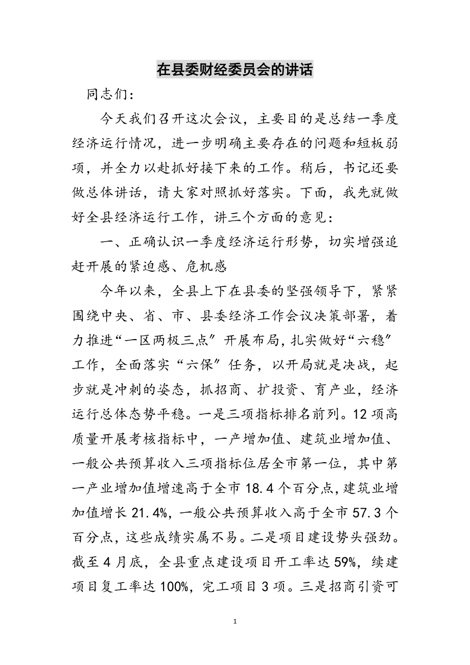 2023年在县委财经委员会的讲话范文.doc_第1页