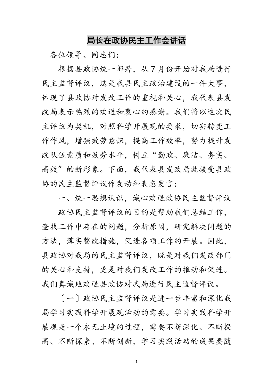 2023年局长在政协民主工作会讲话范文.doc_第1页