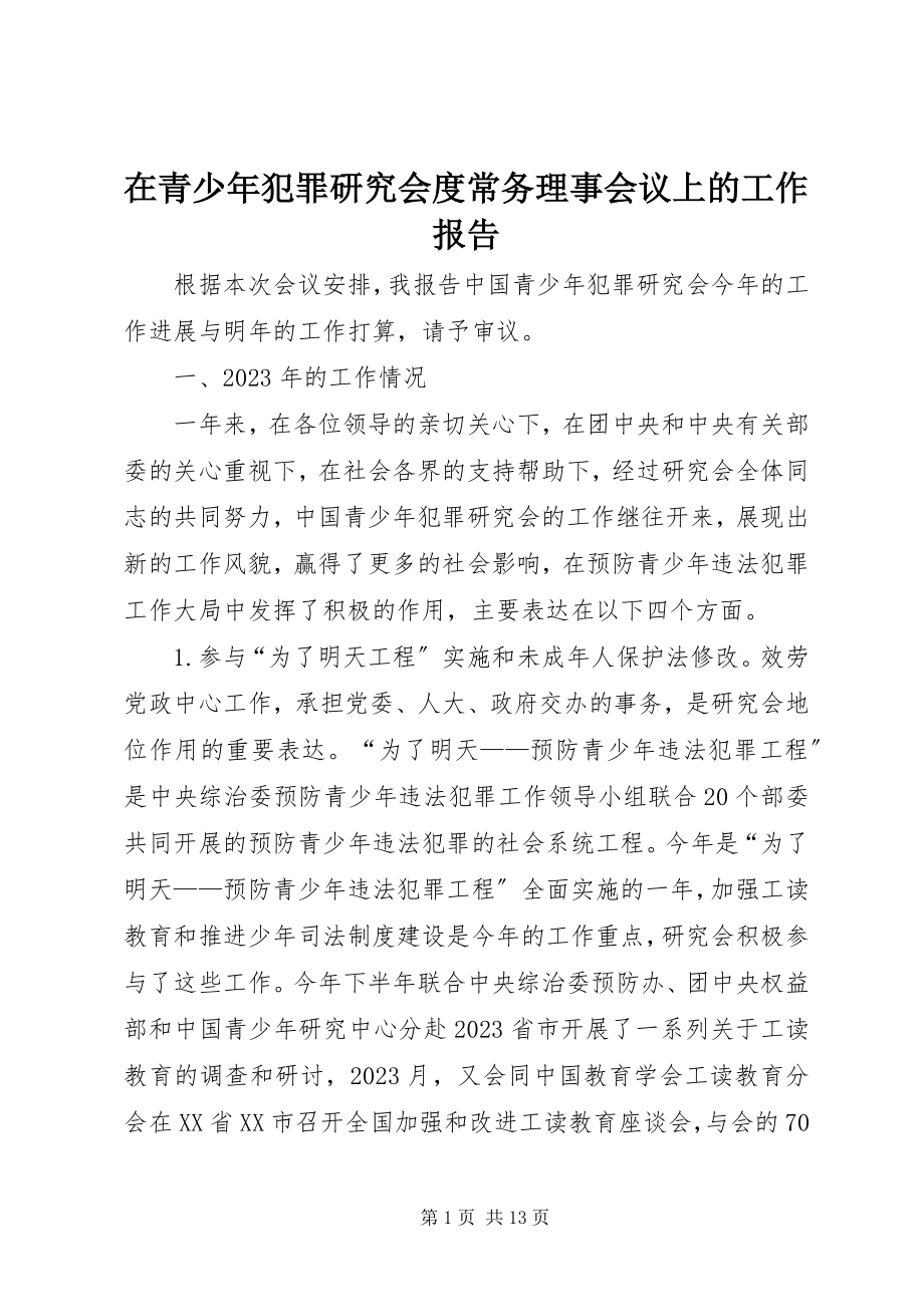 2023年在青少年犯罪研究会度常务理事会议上的工作报告.docx_第1页