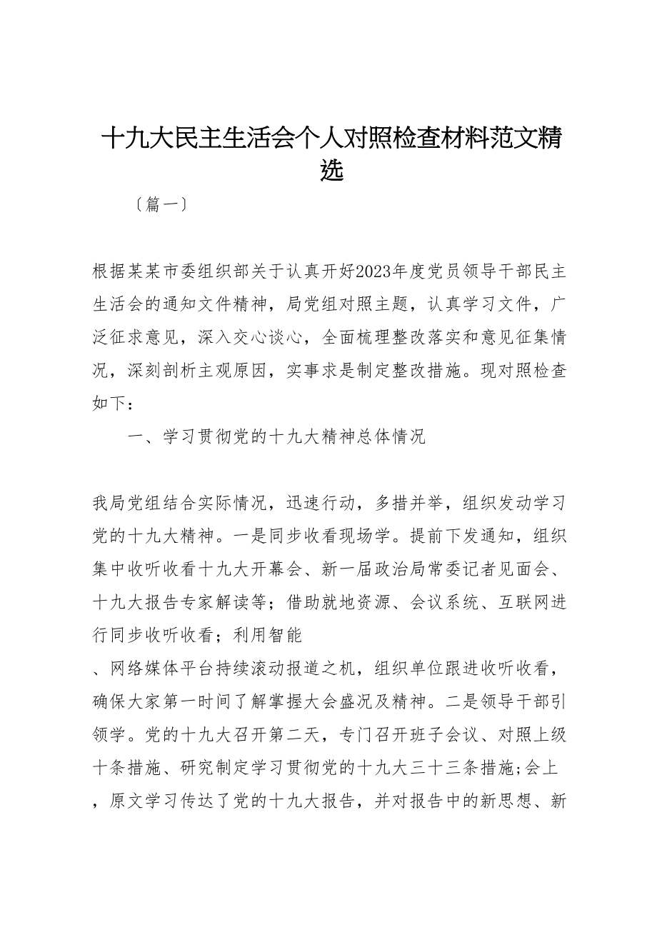 2023年十九大民主生活会个人对照检查材料范文精选.doc_第1页