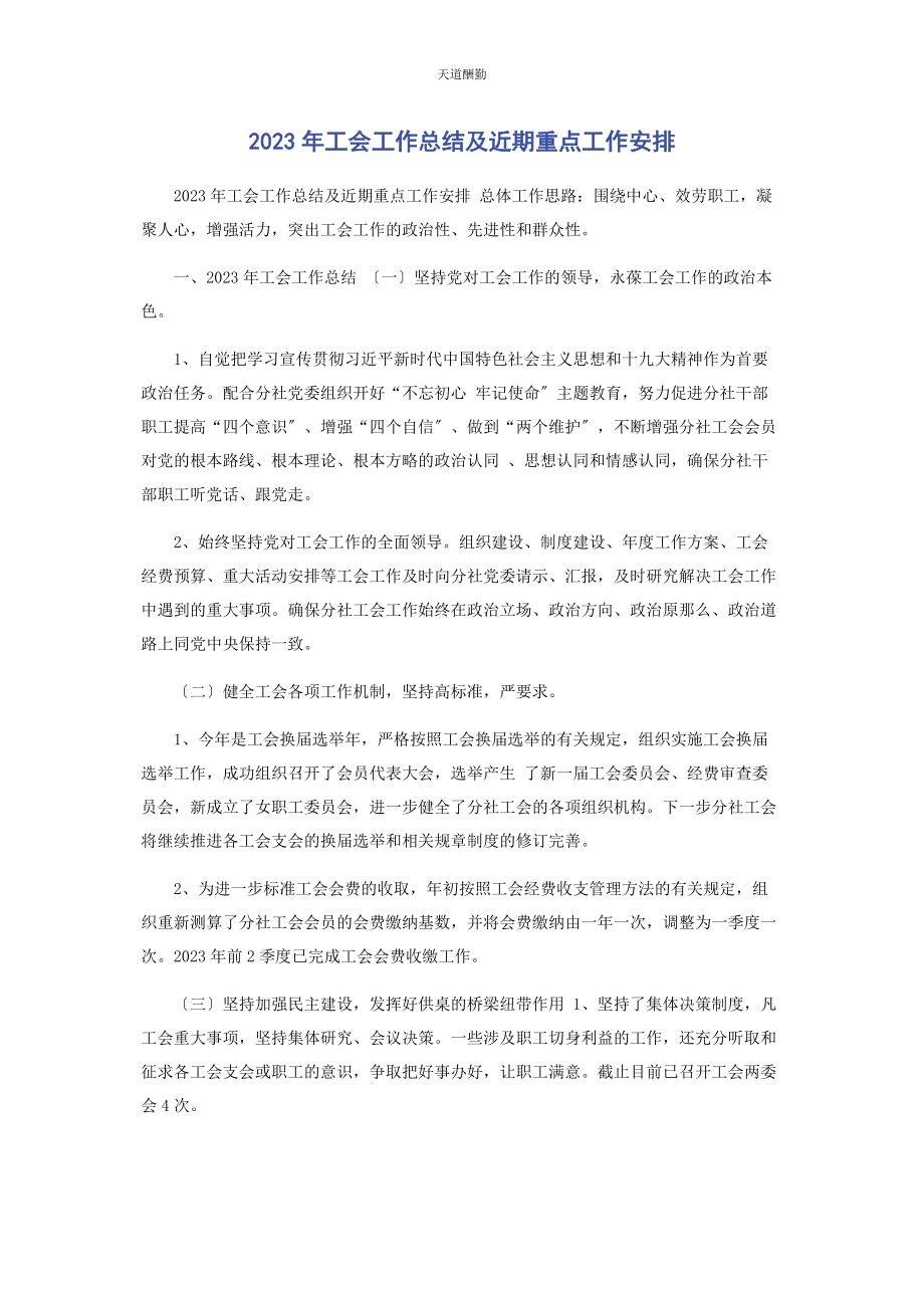 2023年工会工作总结及近期重点工作安排范文.docx_第1页