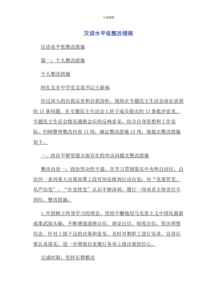 2023年汉语水平低整改措施范文.docx_第1页