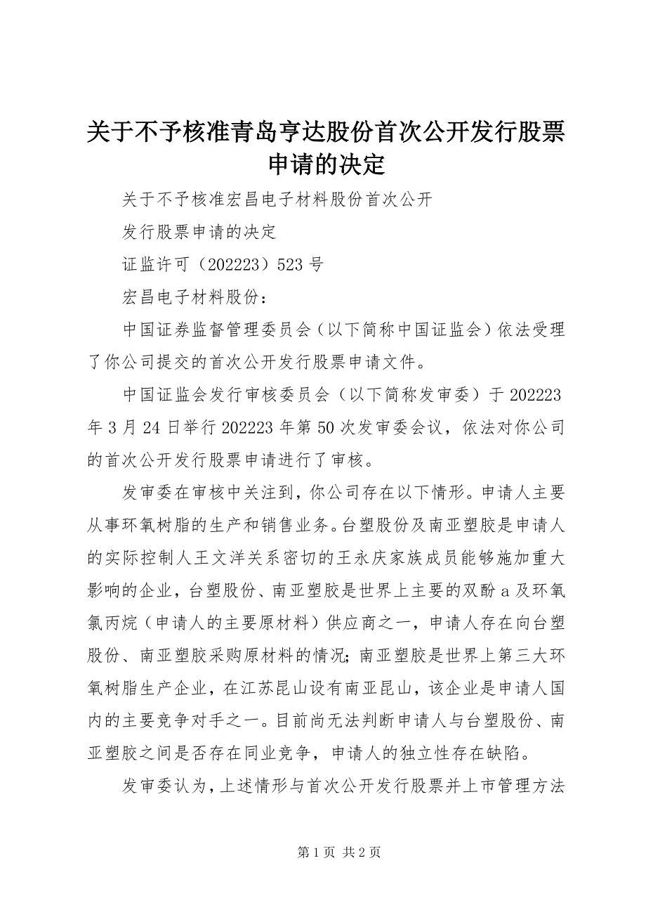 2023年不予核准青岛亨达股份有限公司首次公开发行股票申请的决定.docx_第1页