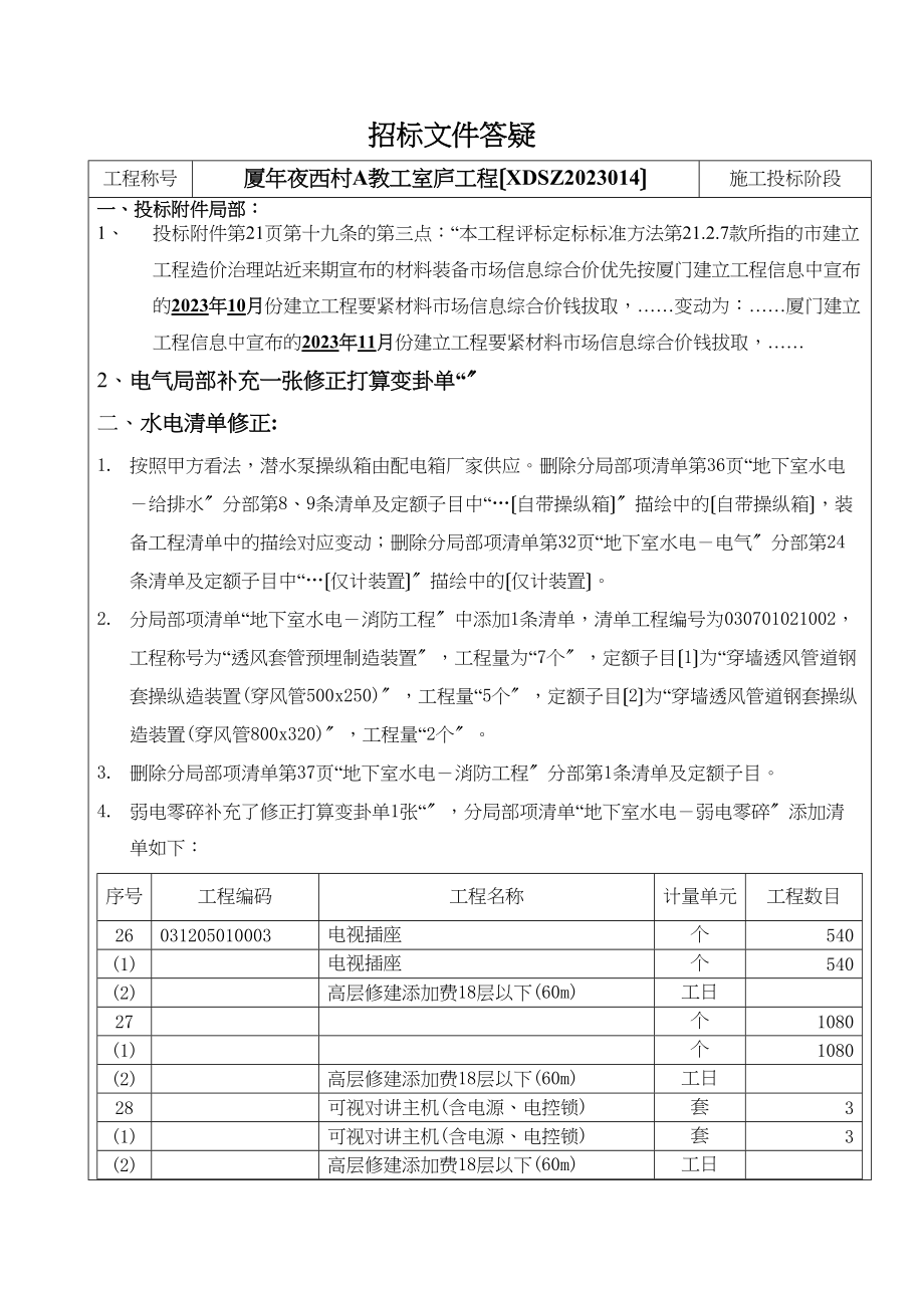 2023年建筑行业11241632厦大西村A教工住宅工程答疑.docx_第1页