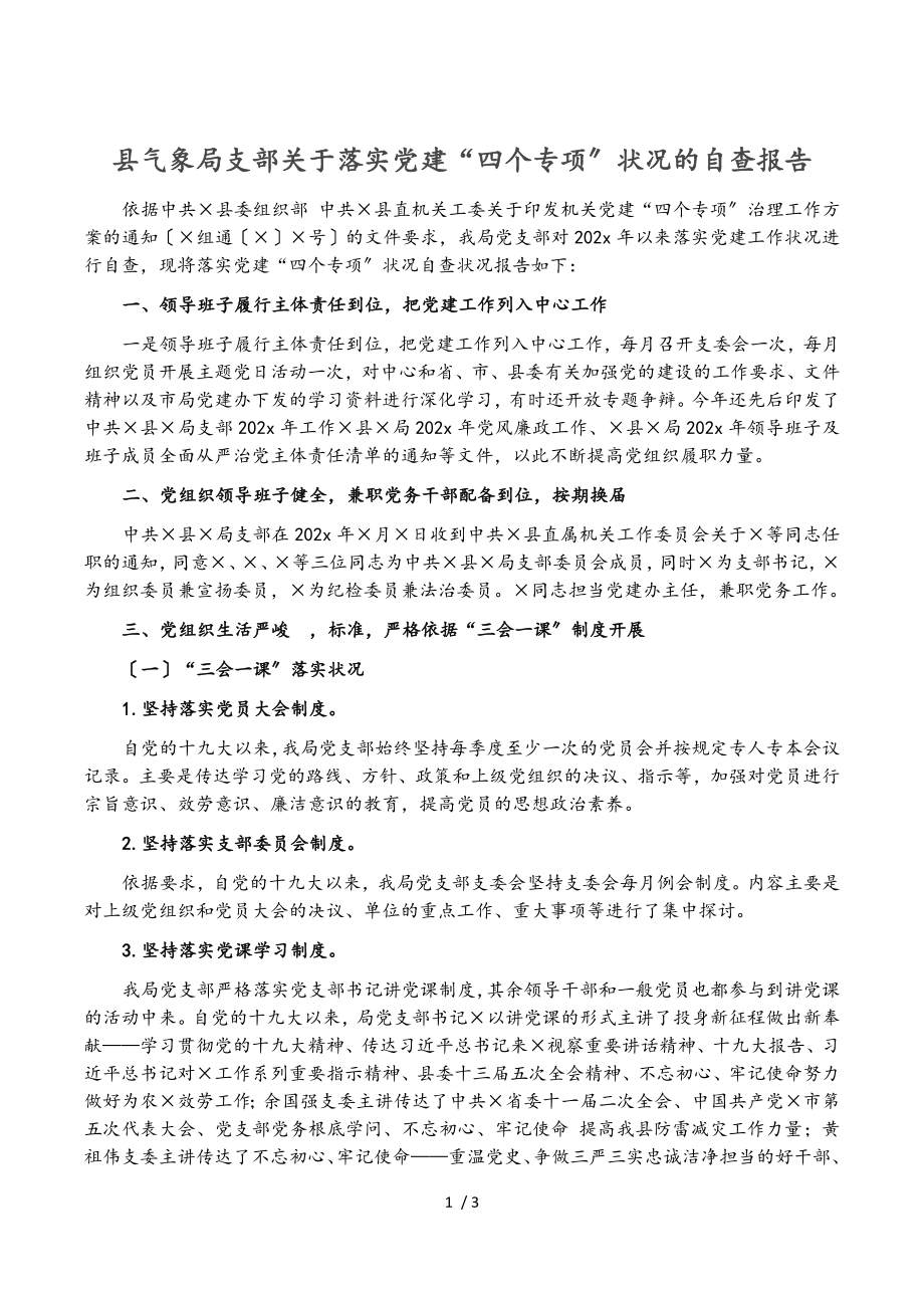 2023年县气象局支部关于落实党建“四个专项”情况的自查报告.doc_第1页