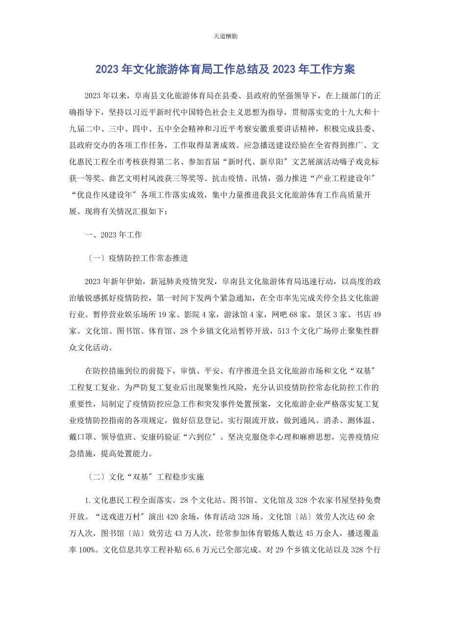 2023年文化旅游体育局工作总结及工作计划范文.docx_第1页