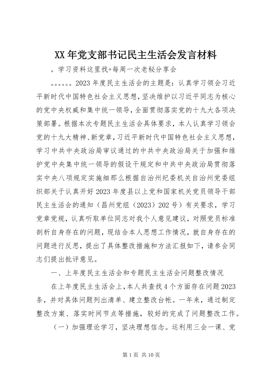 2023年党支部书记民主生活会讲话材料.docx_第1页