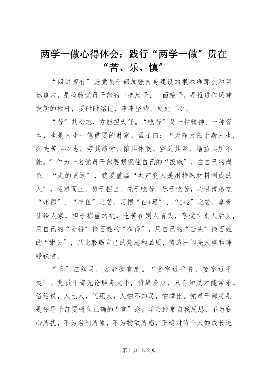 2023年两学一做心得体会践行“两学一做”贵在“苦、乐、慎”.docx_第1页