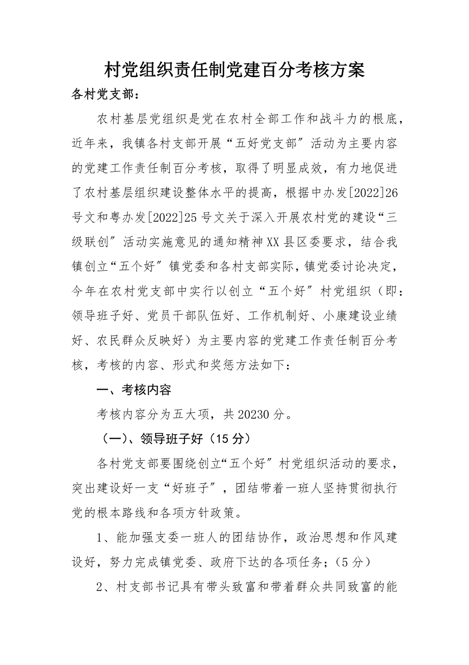 2023年村党组织责任制党建百分考核方案新编.docx_第1页