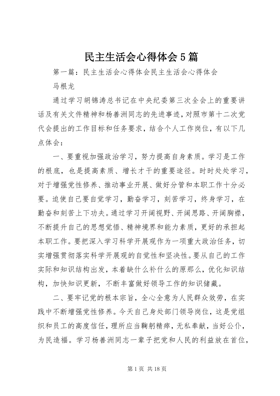 2023年民主生活会心得体会5篇.docx_第1页