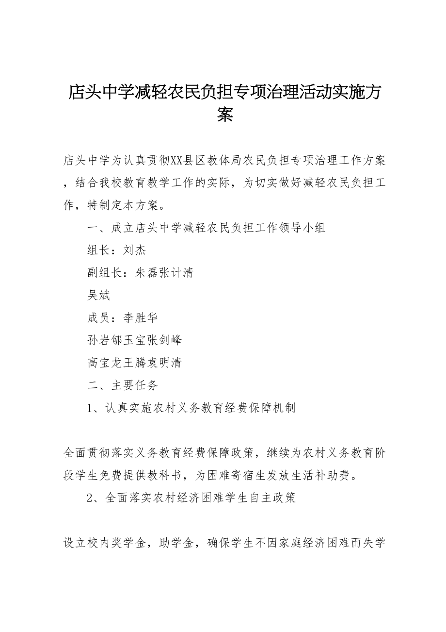 2023年店头中学减轻农民负担专项治理活动实施方案新编.doc_第1页