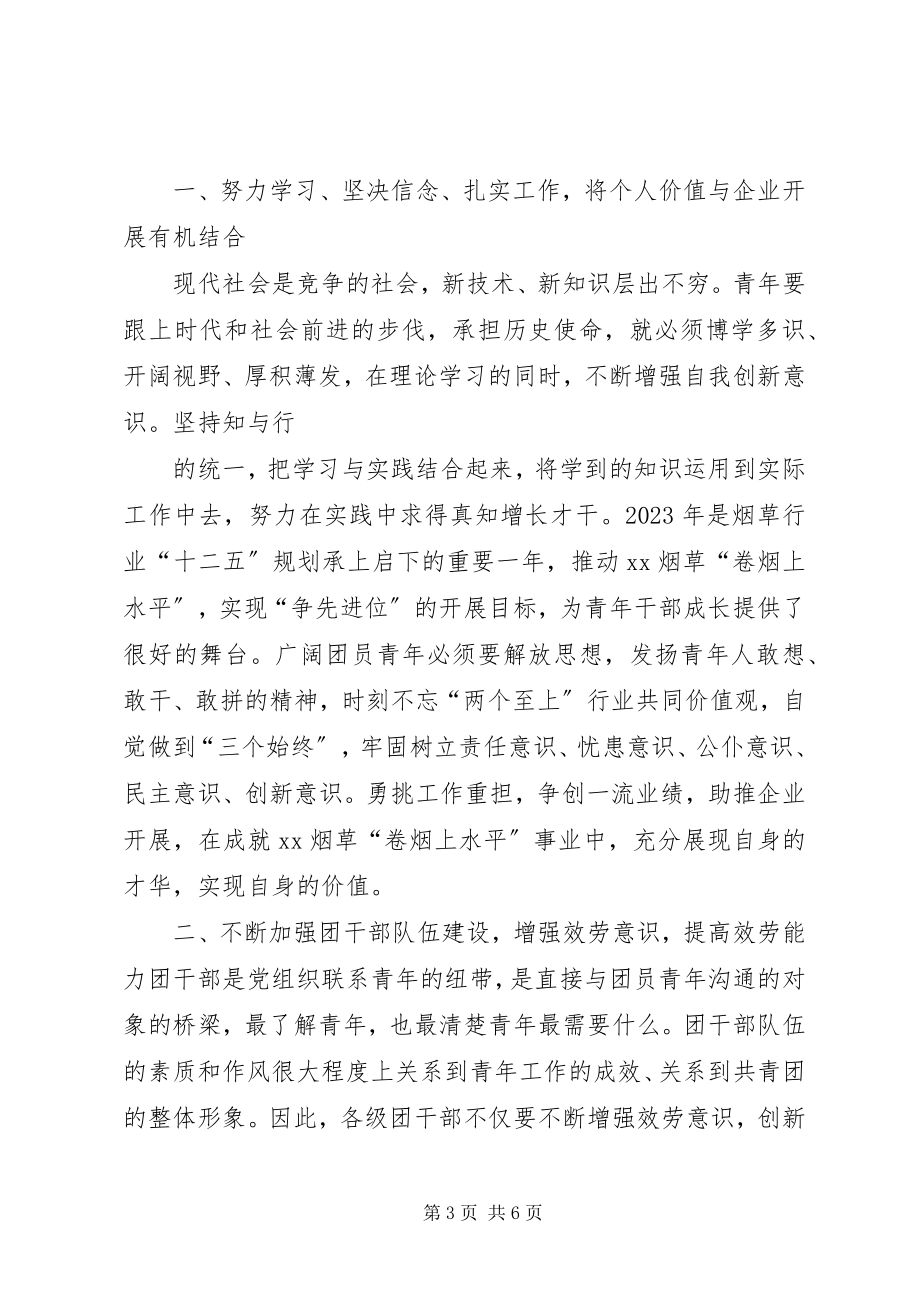 2023年烟草局书记在青年代表座谈会上的致辞.docx_第3页