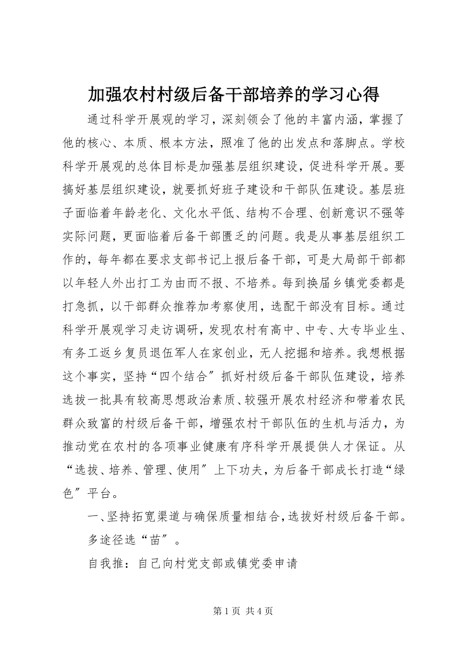 2023年加强农村村级后备干部培养的学习心得.docx_第1页