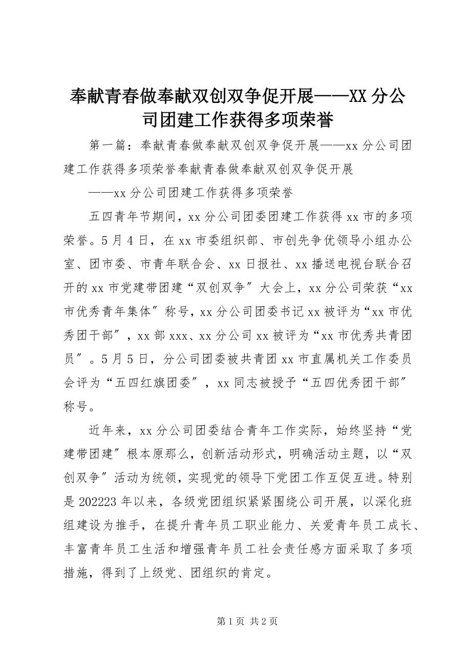 2023年奉献青春做贡献双创双争促发展XX分公司团建工作获得多项荣誉.docx_第1页