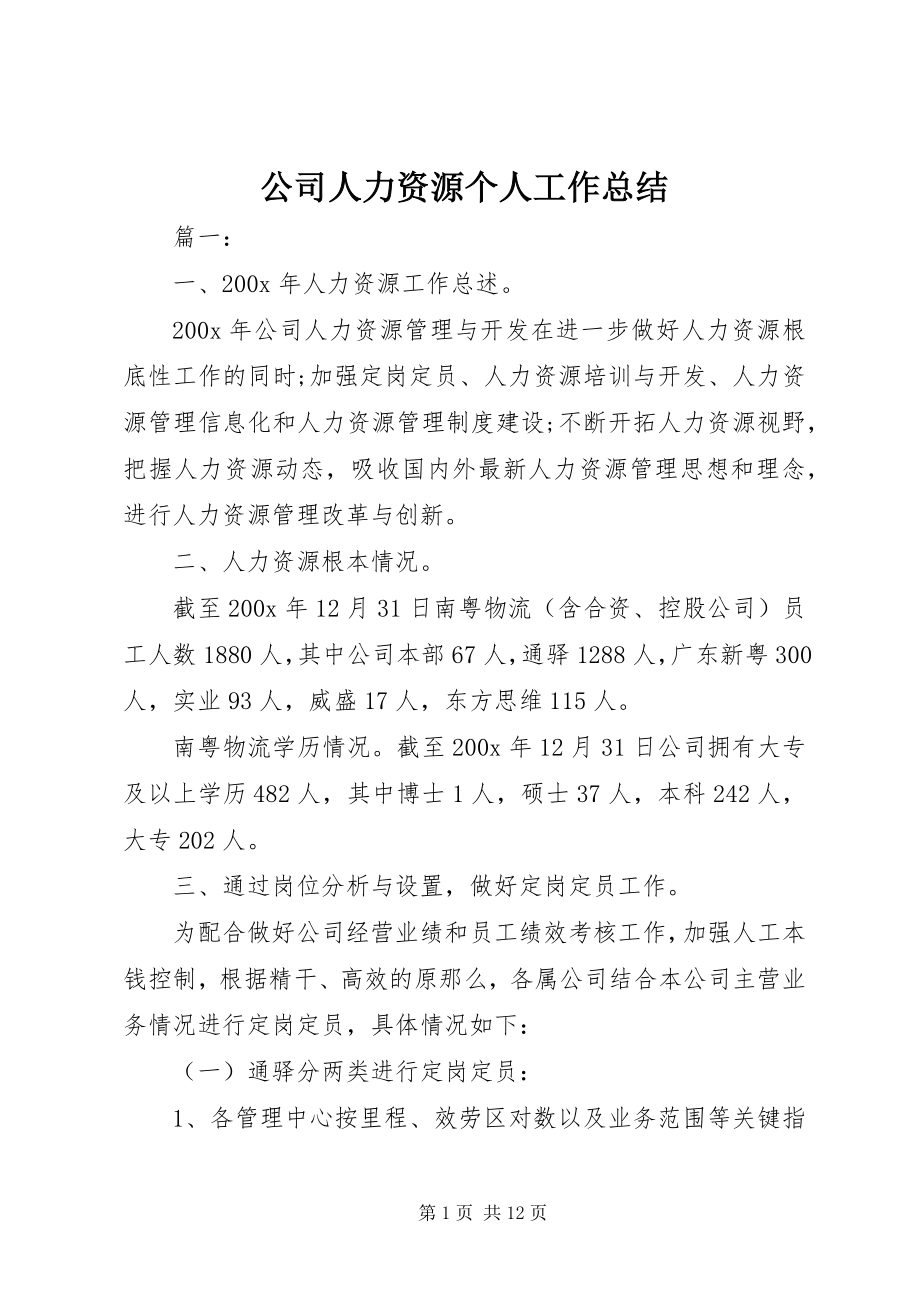 2023年公司人力资源个人工作总结.docx_第1页