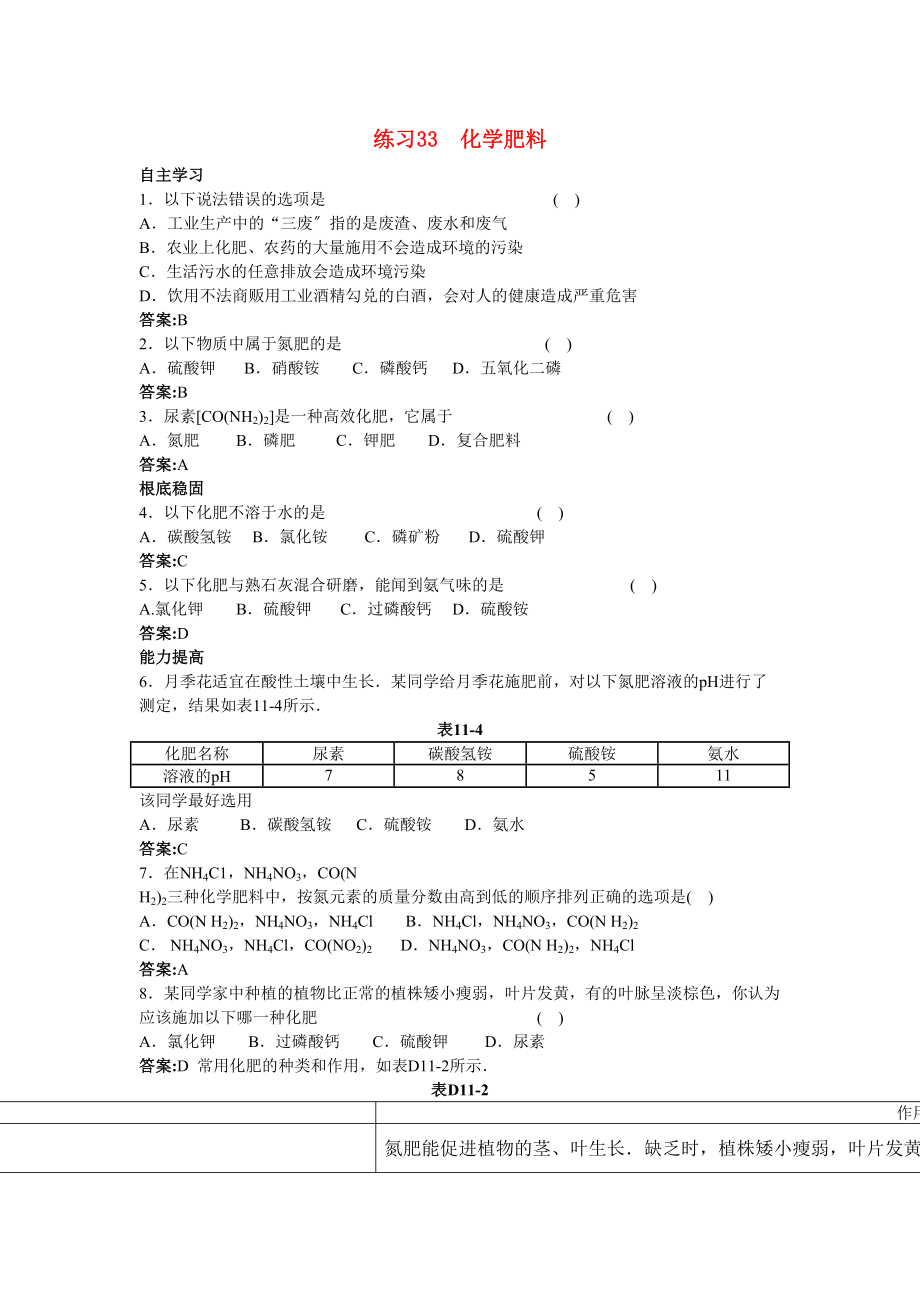 2023年中考化学练习33化学肥料.docx_第1页