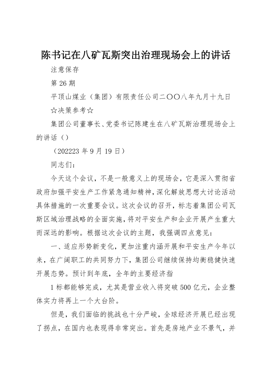 2023年陈书记在八矿瓦斯突出治理现场会上的致辞新编.docx_第1页