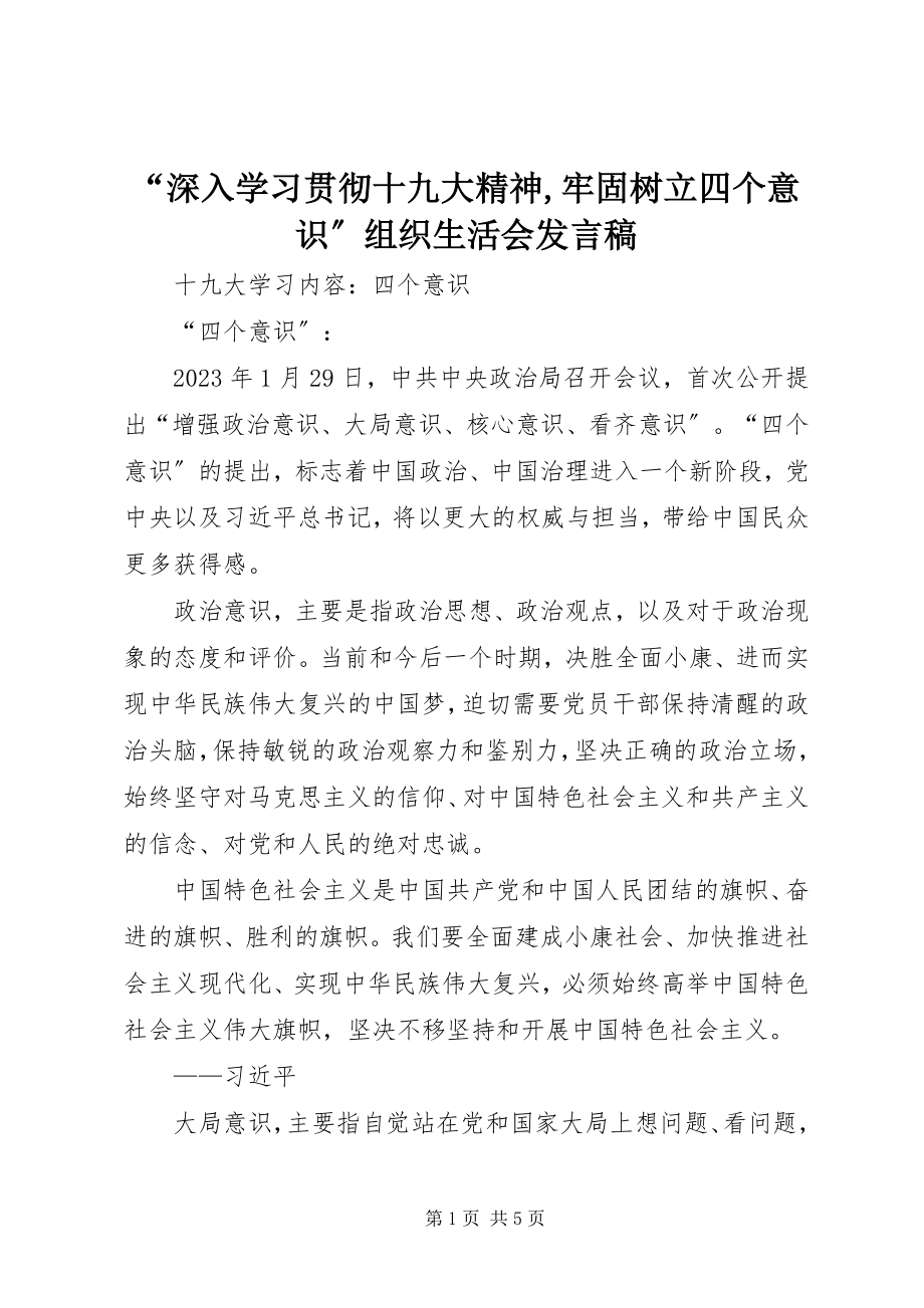 2023年深入学习贯彻十九大精神牢固树立四个意识组织生活会讲话稿.docx_第1页