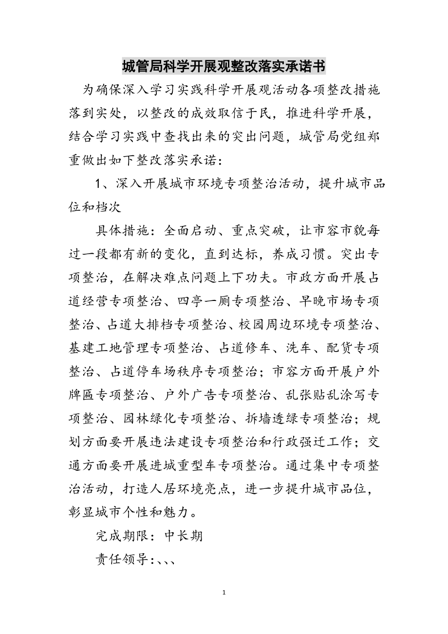 2023年城管局科学发展观整改落实承诺书范文.doc_第1页