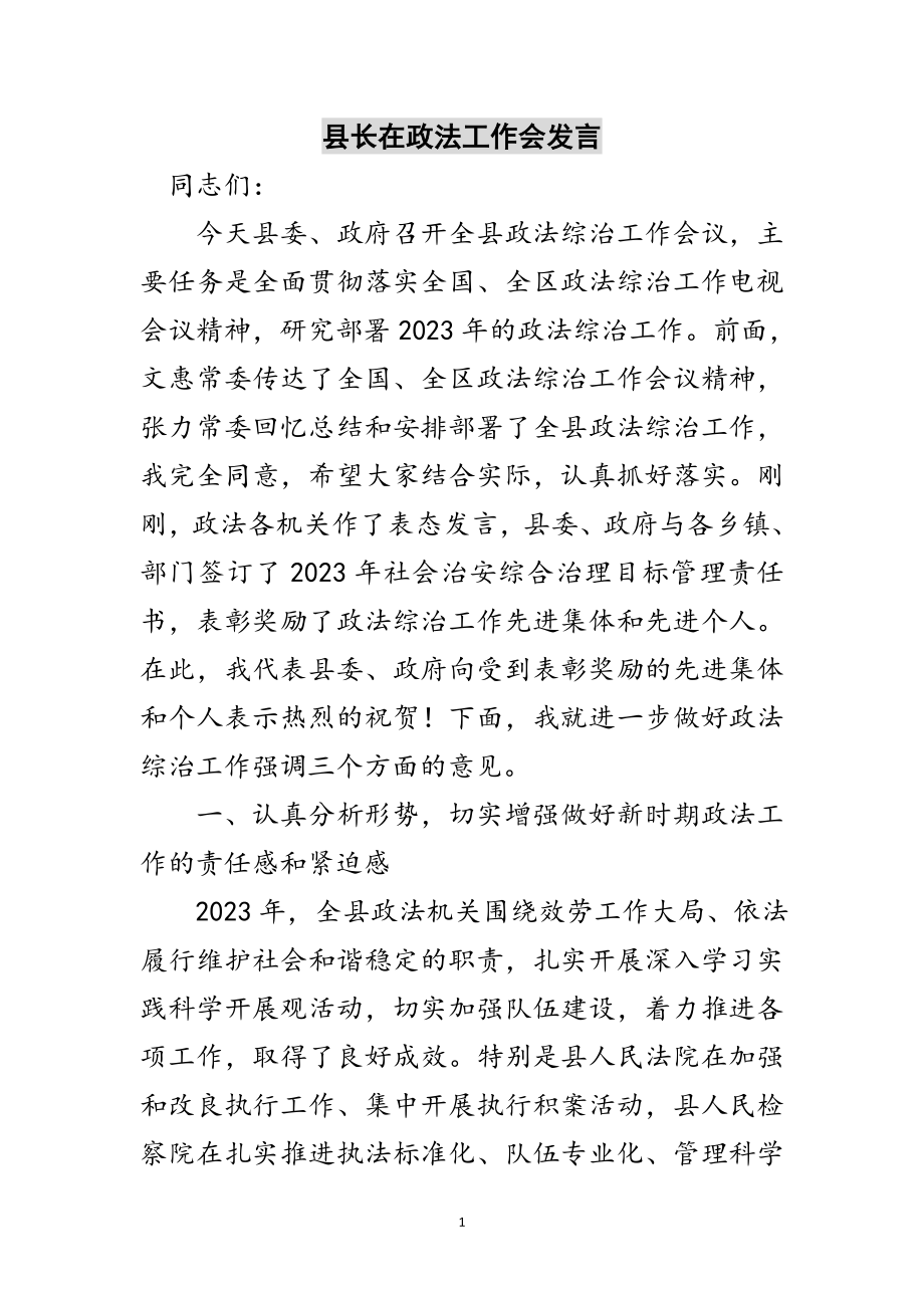 2023年县长在政法工作会发言范文.doc_第1页