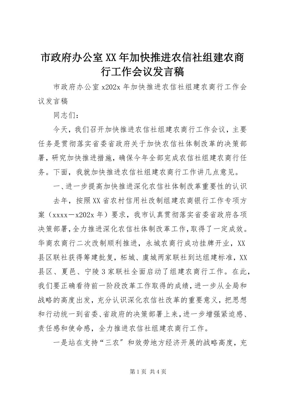 2023年市政府办公室加快推进农信社组建农商行工作会议讲话稿.docx_第1页