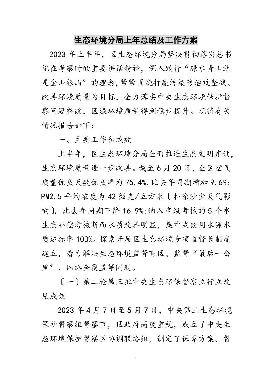 2023年生态环境分局上年总结及工作计划范文.doc_第1页