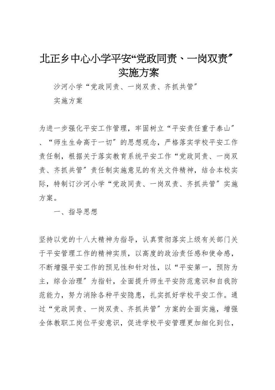 2023年北正乡中心小学安全党政同责一岗双责实施方案.doc_第1页