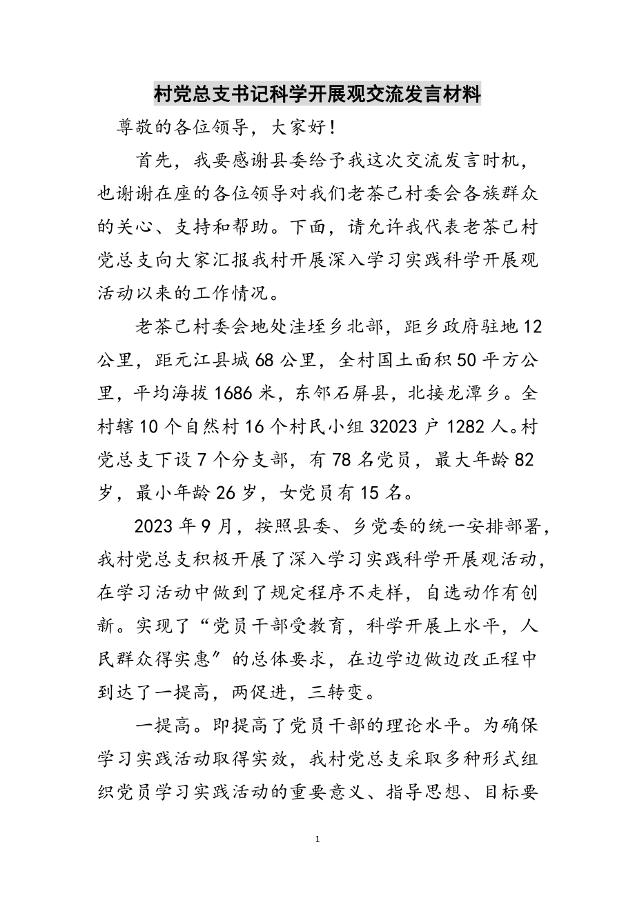 2023年村党总支书记科学发展观交流发言材料范文.doc_第1页