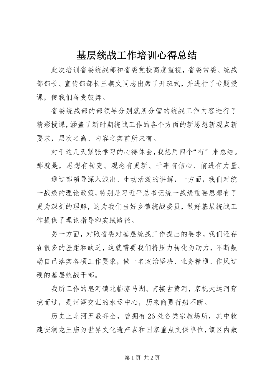 2023年基层统战工作培训心得总结.docx_第1页