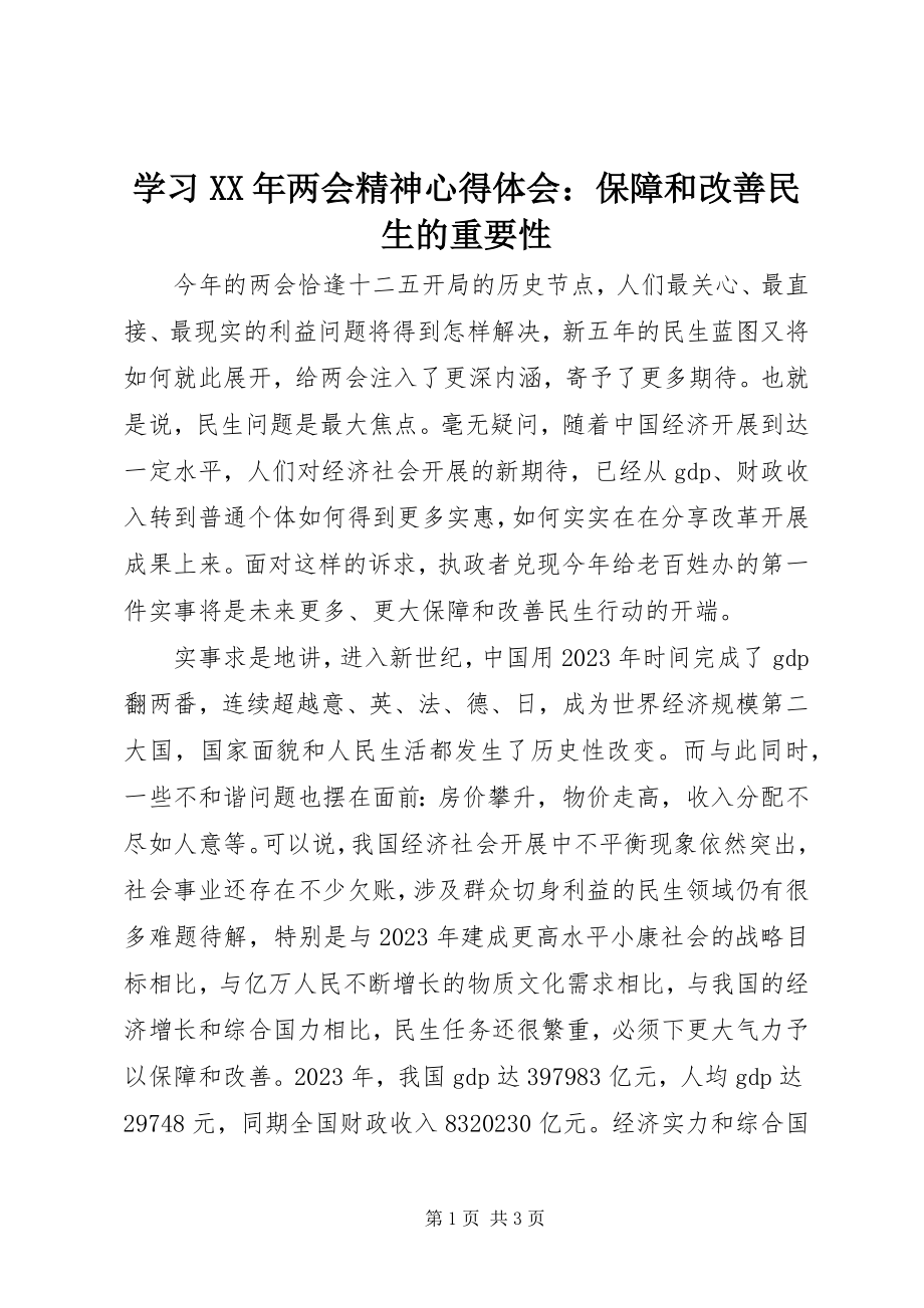 2023年学习两会精神心得体会保障和改善民生的重要性.docx_第1页