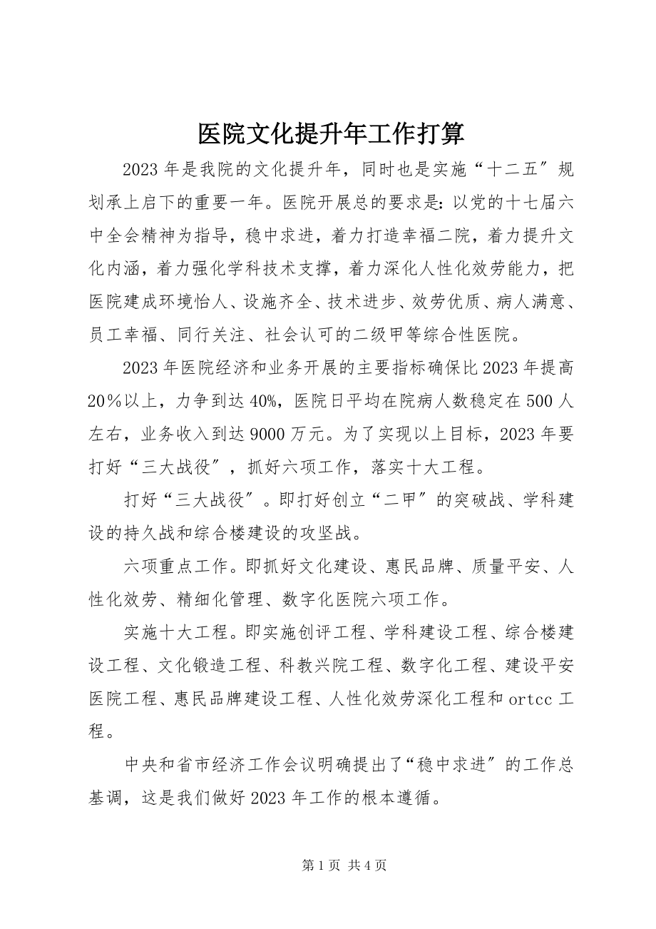 2023年医院文化提升年工作打算.docx_第1页