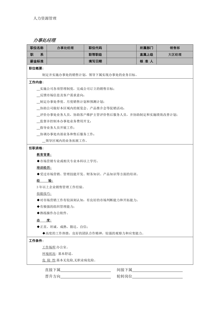 人力资源管理 企业管理 岗位说明 办事处经理.docx_第1页