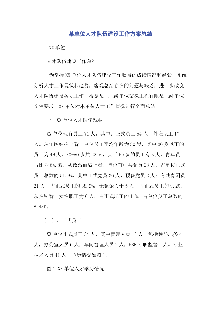 2023年某单位人才队伍建设工作计划总结.docx_第1页