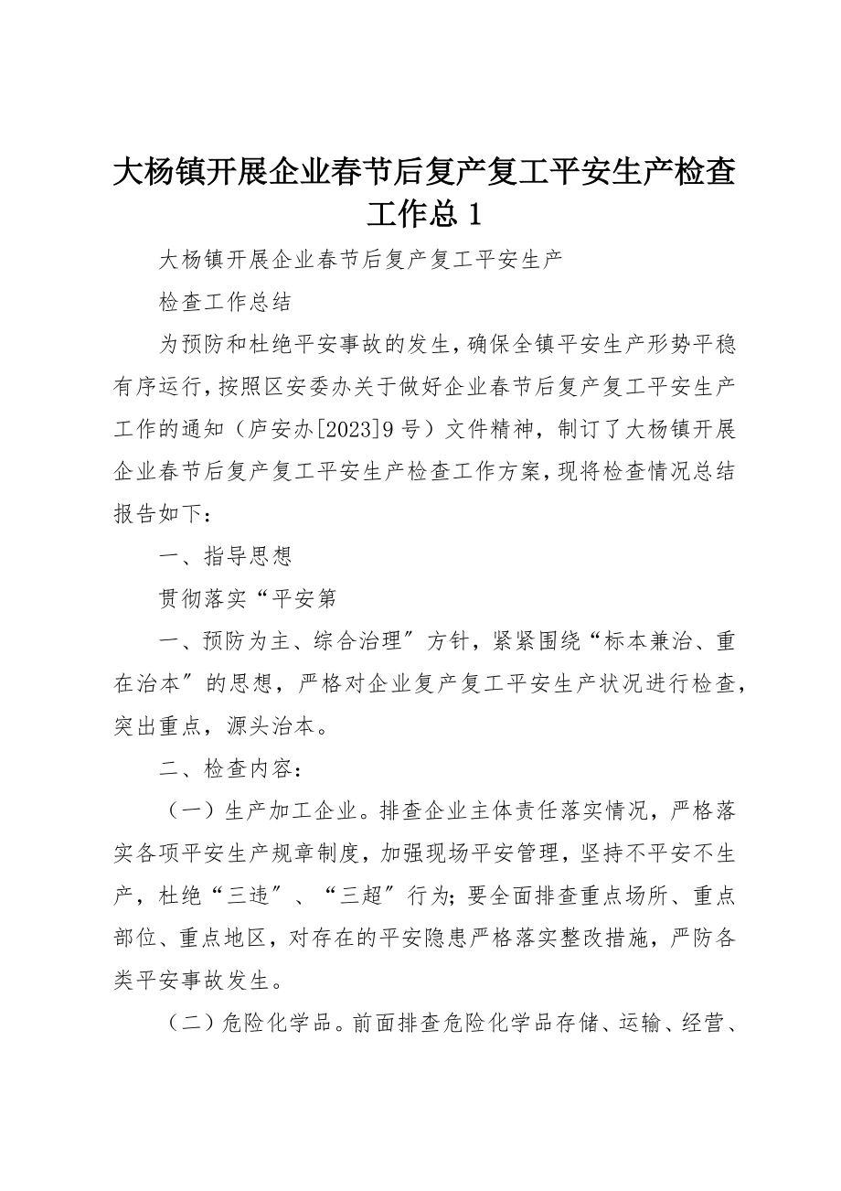 2023年大杨镇开展企业春节后复产复工安全生产检查工作总1新编.docx_第1页