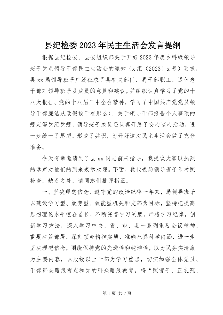 2023年县纪检委民主生活会讲话提纲.docx_第1页