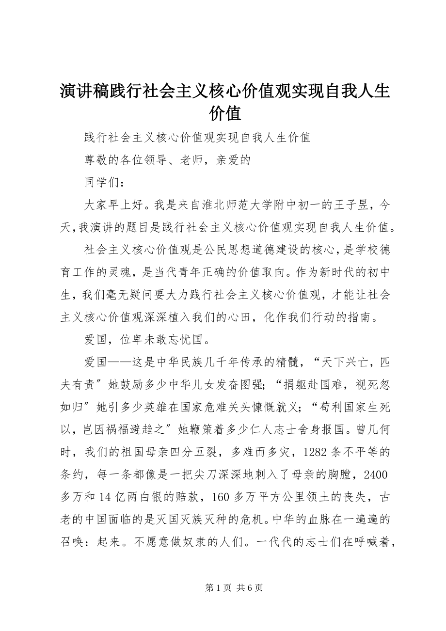 2023年演讲稿《践行社会主义核心价值观实现自我人生价值》.docx_第1页