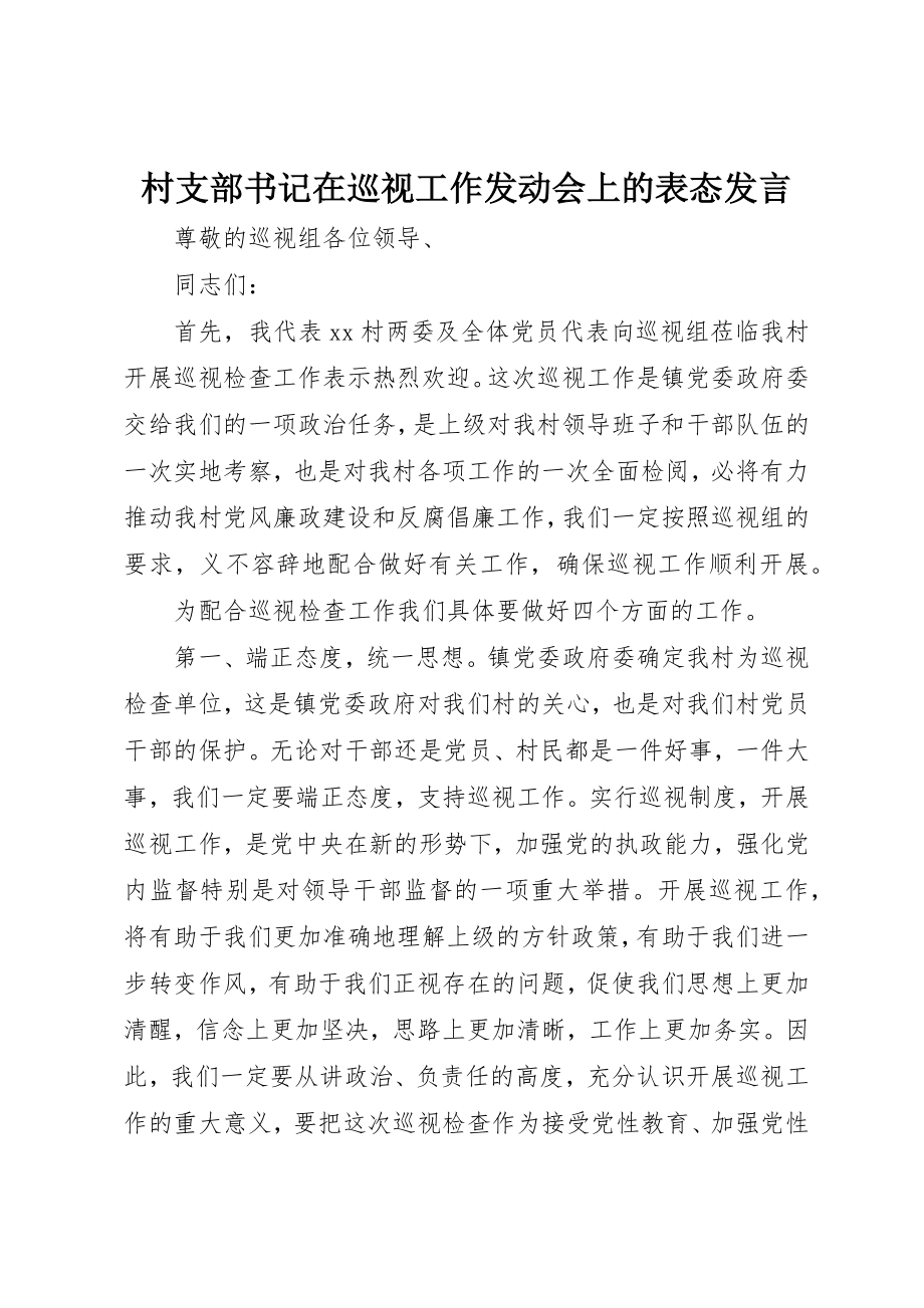 2023年村支部书记在巡视工作动员会上的表态讲话新编.docx_第1页