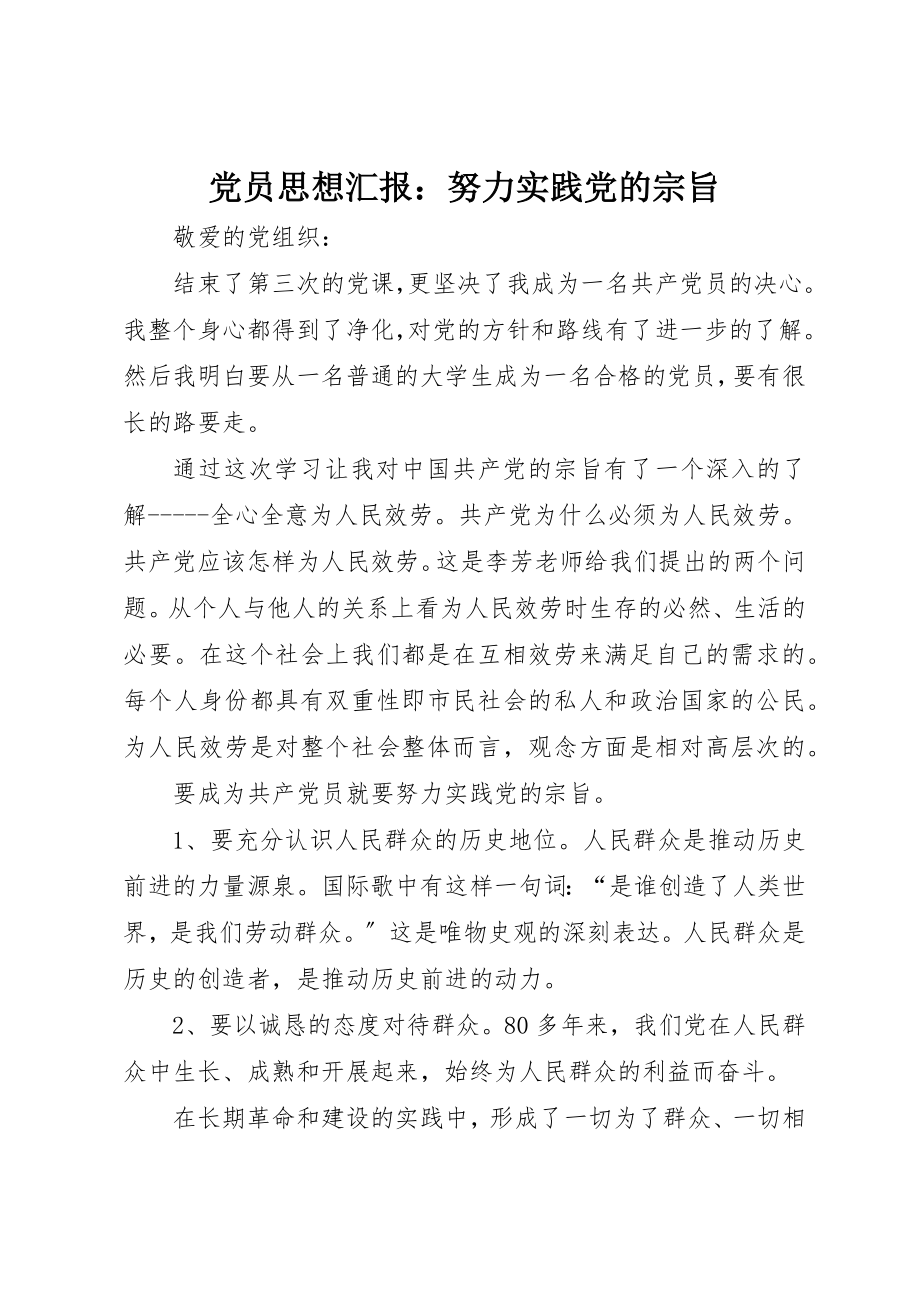 2023年党员思想汇报努力实践党的宗旨.docx_第1页