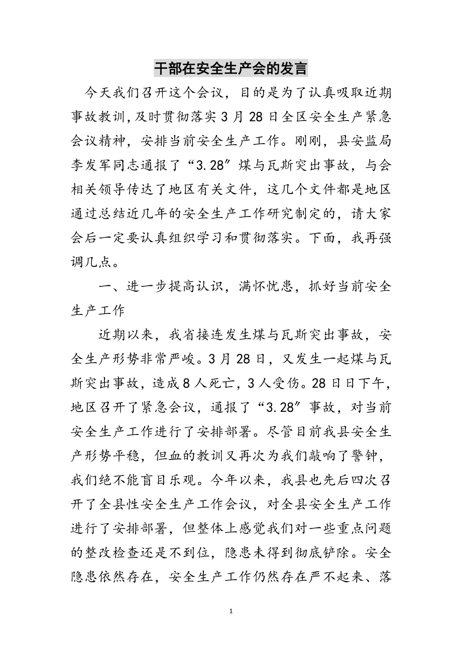 2023年干部在安全生产会的发言范文.doc_第1页