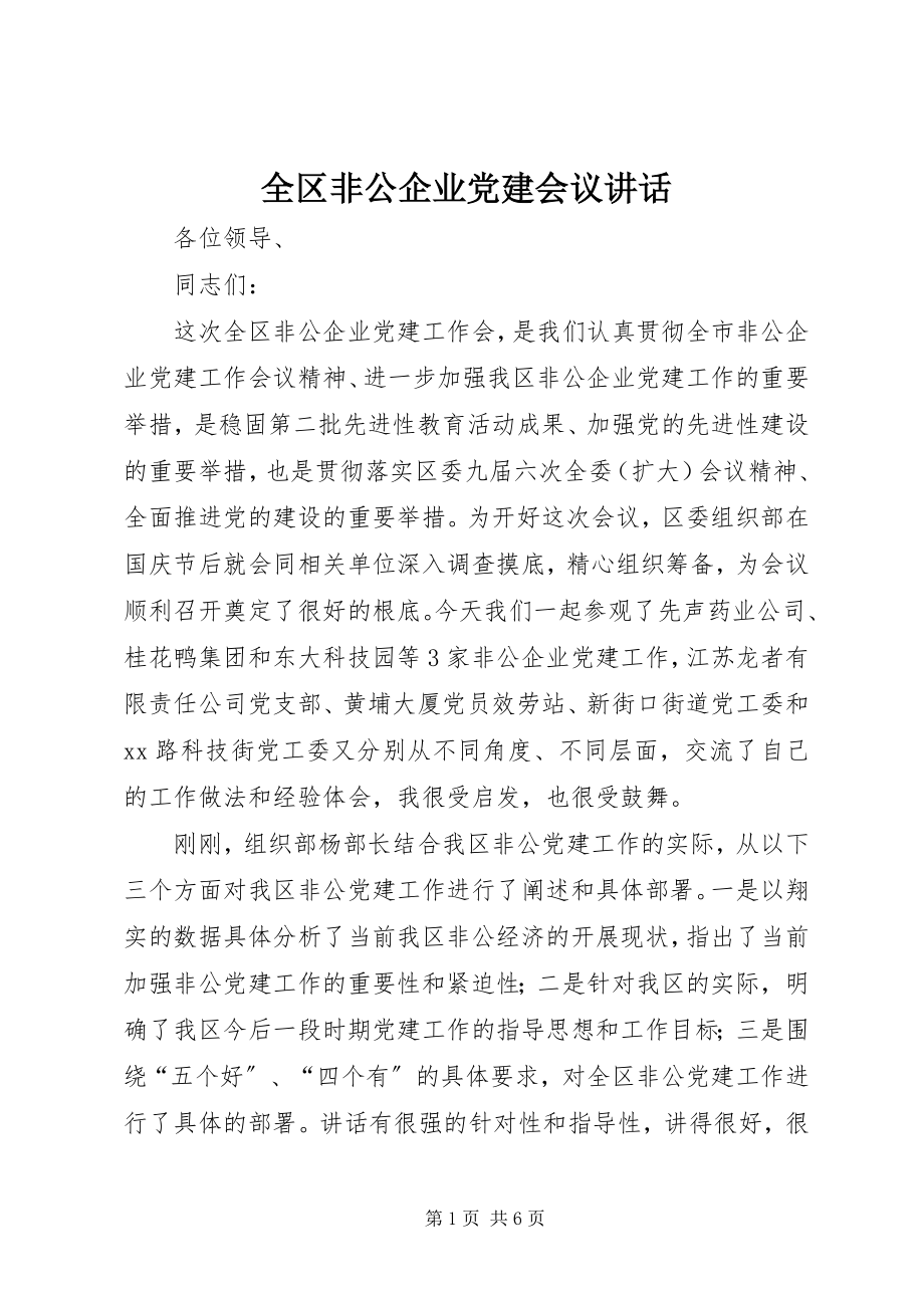 2023年全区非公企业党建会议致辞.docx_第1页